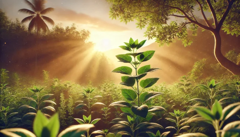 A serene landscape featuring lush green ashwagandha plants bathed in soft golden sunlight, representing the natural origins and purity of Sensoril ashwagandha.