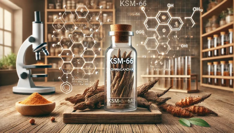 A scientific comparison of KSM-66 Ashwagandha and traditional Ashwagandha, showing a lab-extracted ashwagandha root extract in a glass vial on the left and dried ashwagandha roots with powder in a traditional herbal setting on the right.