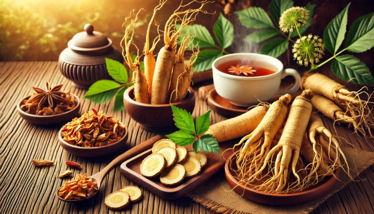 A collection of different ginseng plants displayed on a rustic wooden table, featuring fresh ginseng roots, dried ginseng slices, and a steaming cup of herbal ginseng tea.