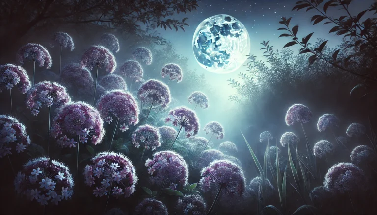 A serene nighttime scene featuring blooming valerian flowers under the moonlight, surrounded by soft mist, evoking a calming and peaceful atmosphere.