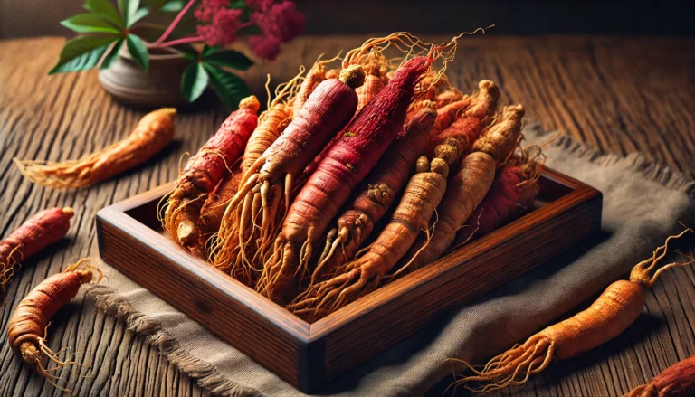 Premium Korean red ginseng roots displayed on a wooden tray with a rustic background, showcasing their rich color and aged texture under soft natural lighting.