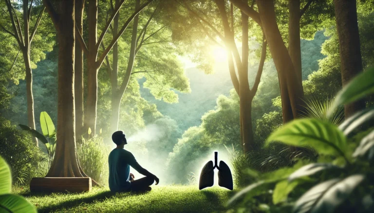 A serene scene of a person practicing deep breathing in a lush green environment, symbolizing lung health, relaxation, and stress relief after quitting smoking.