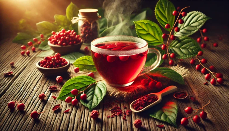 A steaming cup of Schisandra berry tea placed on a rustic wooden surface, surrounded by fresh Schisandra berries and herbal leaves, with warm lighting highlighting the rich red hue of the tea.