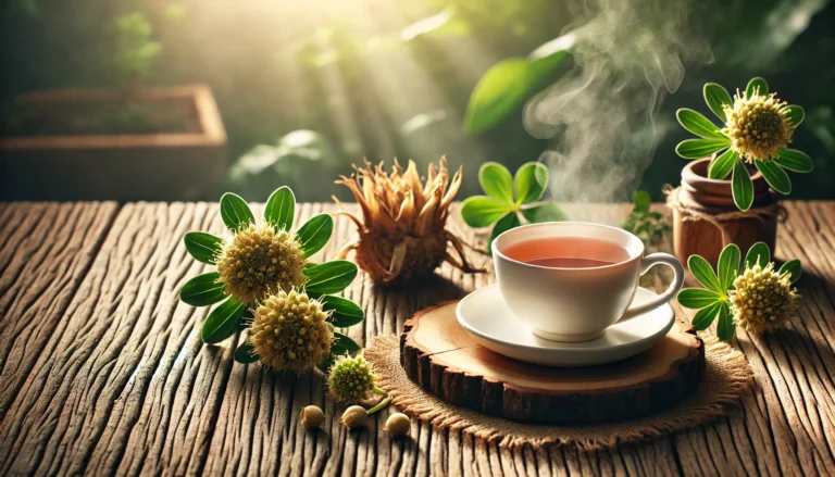 A serene tea setting featuring a steaming cup of rhodiola tea on a rustic wooden table, surrounded by fresh rhodiola rosea roots and leaves. Soft natural lighting enhances the calming and stress-relieving ambiance.