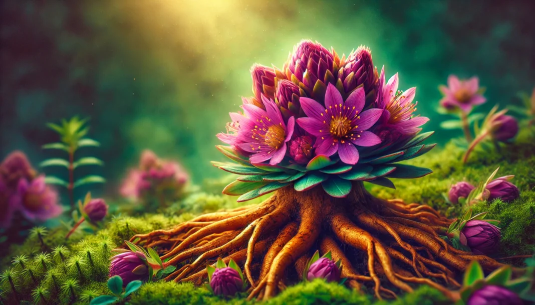 A vibrant close-up of Rhodiola Rosea roots and flowers in a lush green environment, showcasing the golden-brown roots and pinkish-purple petals under soft sunlight.