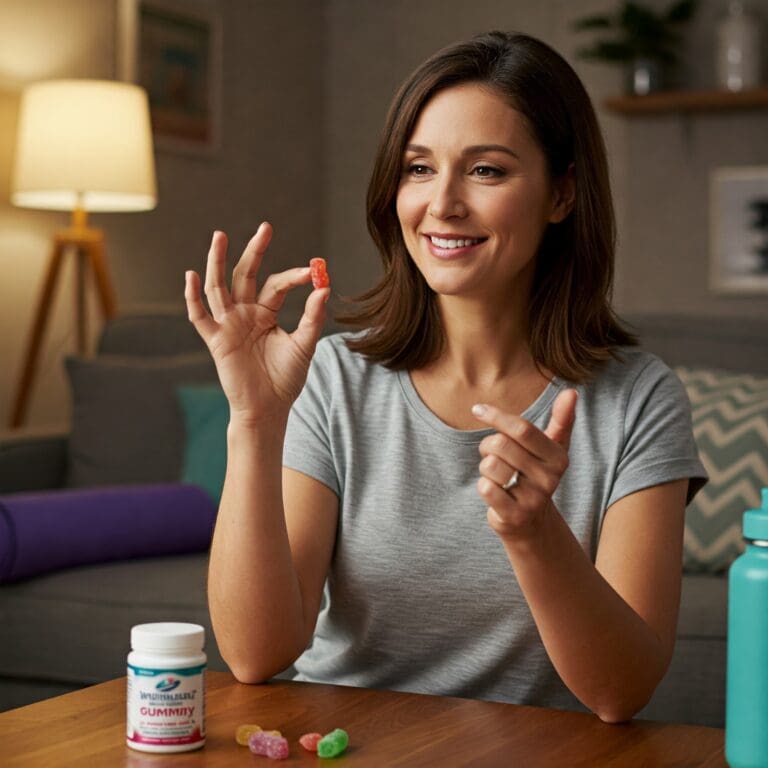 A confident woman enjoys a weight-loss gummy in her sunlit living room, surrounded by wellness essentials like a yoga mat. The warm lighting and her relaxed posture emphasize gummies as part of a balanced, health-conscious lifestyle.
