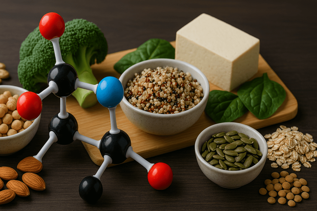 A close-up image of a protein molecular model made of colorful spheres, surrounded by vegan protein-rich foods such as tofu, quinoa, broccoli, chickpeas, almonds, and pumpkin seeds on a wooden table.