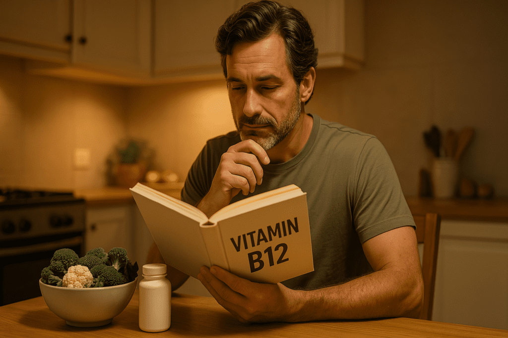 A middle-aged man with dark wavy hair sits alone at a wooden kitchen table under warm indoor lighting, deeply engaged in reading a book titled "VITAMIN B12." A small white supplement bottle and a bowl of fresh vegetables rest nearby, visually reinforcing how vegans and vegetarians can get B12 through education, supplementation, and whole foods in a home setting.