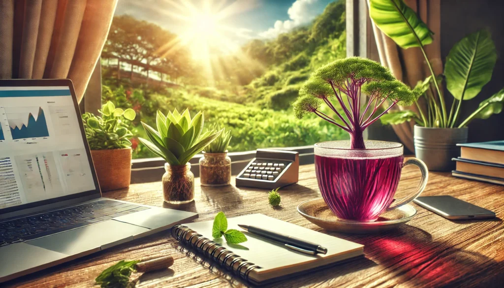 A bright and focused morning workspace with a cup of Rhodiola-infused tea, an open notebook, and a laptop near a sunlit window overlooking lush greenery, representing enhanced concentration and mental clarity.
