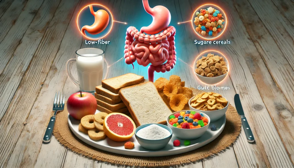 A realistic 3D-rendered image of a plate filled with low-fiber, processed foods such as white bread, sugary cereals, and fried foods, symbolizing poor digestion and gut discomfort.