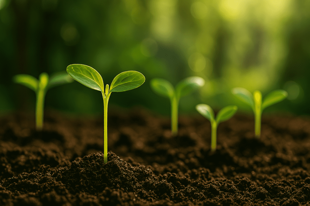 What Are the 3 Primary Macronutrients Plants Need? How Nitrogen, Phosphorus, and Potassium Support Growth, Health, and Vitality 1 Seedlings growing in rich soil under warm sunlight, symbolizing the essential role of nitrogen, phosphorus, and potassium in early plant development.