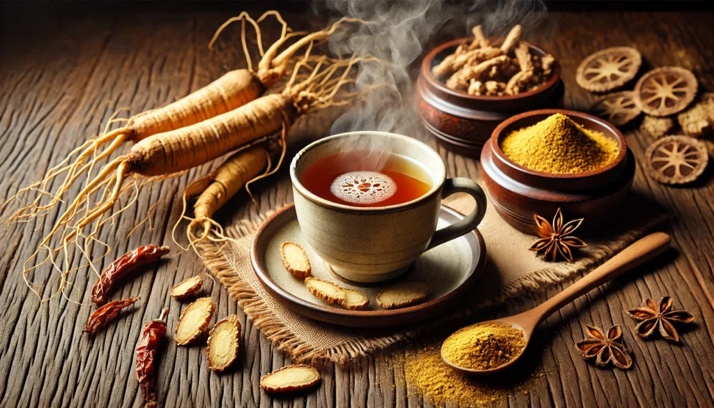 A steaming cup of herbal ginseng tea on a rustic wooden table, surrounded by dried ginseng roots and powdered ginseng, illustrating its use in traditional wellness practices.


