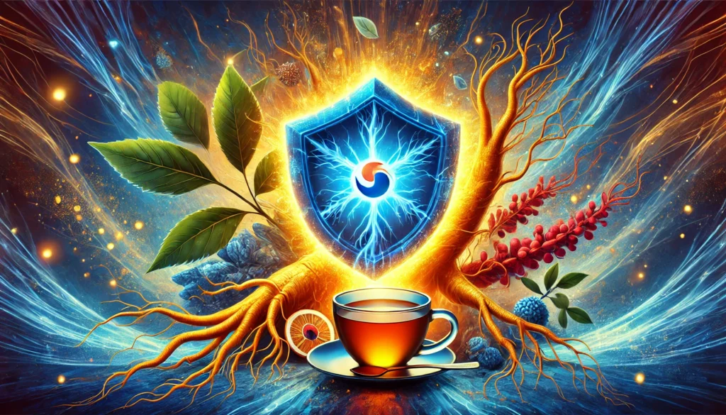 A dynamic depiction of the immune system being strengthened, featuring a glowing shield surrounded by Korean red ginseng roots and a cup of tea, symbolizing enhanced immunity and protection.