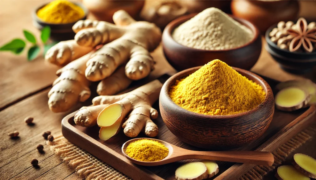 Close-up of ginger and ginseng powders in wooden bowls, showing the vibrant yellow of ginger powder and the light beige hue of ginseng powder, with an earthy, herbal background.