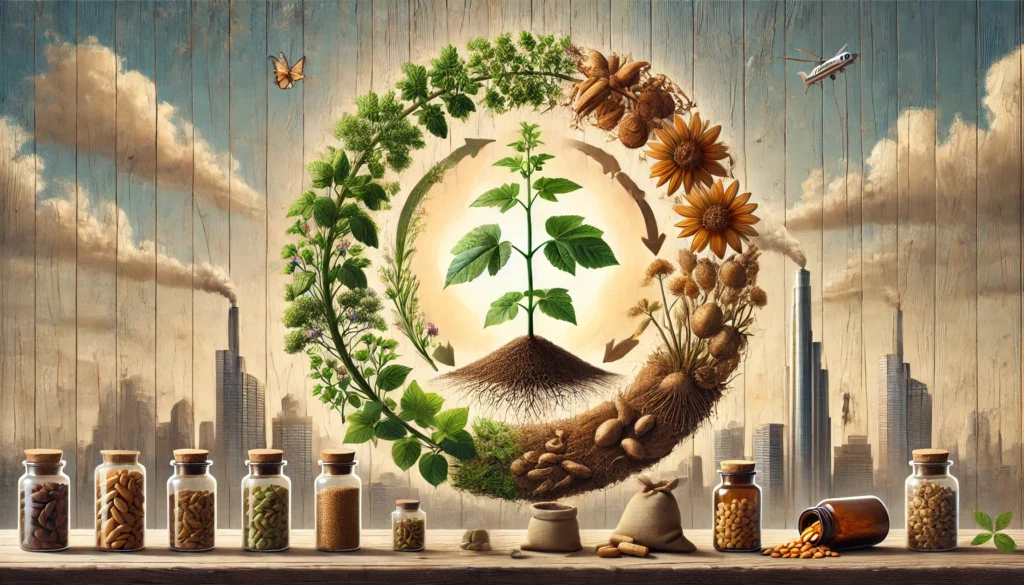 A conceptual representation of herbal supplement cycling, showcasing different growth stages of the ashwagandha plant—seedling, mature plant, and harvested roots—illustrating the natural rhythm of cycling adaptogens.