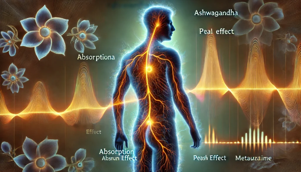 How Long Does Ashwagandha Stay in Your System? Understanding Its Half-Life and Effects 1 A surreal representation of Ashwagandha’s effects on the body, featuring a human silhouette with luminous energy pathways. The pathways illustrate the herb’s absorption, peak influence, and slow metabolism as they fade towards the edges.