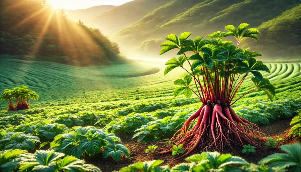 A lush green landscape with wild Korean red ginseng plants growing under golden morning sunlight, their roots partially exposed to highlight their richness.
