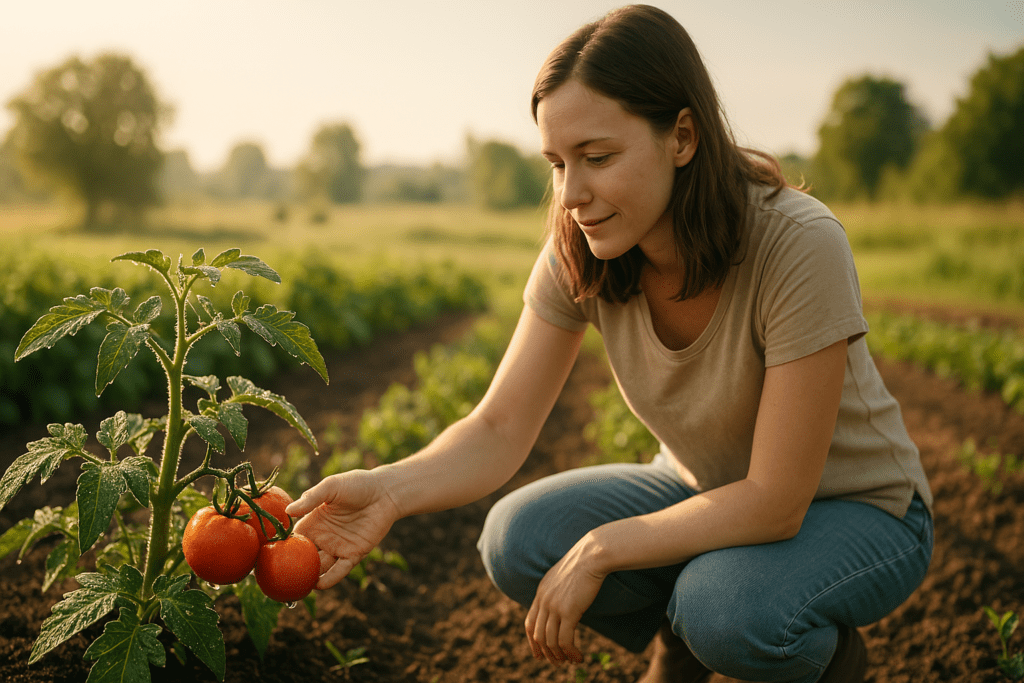 What Is One Nutrient Plants Need to Survive? Understanding Essential Nutrients for Plant and Human Health 1 A young woman kneels in a sunlit rural garden, gently touching a cluster of ripe tomatoes growing on a vibrant green plant. Bathed in soft natural morning light, the peaceful scene emphasizes the importance of essential nutrients like potassium for healthy plant development and visually connects plant and human wellness through hands-on care.