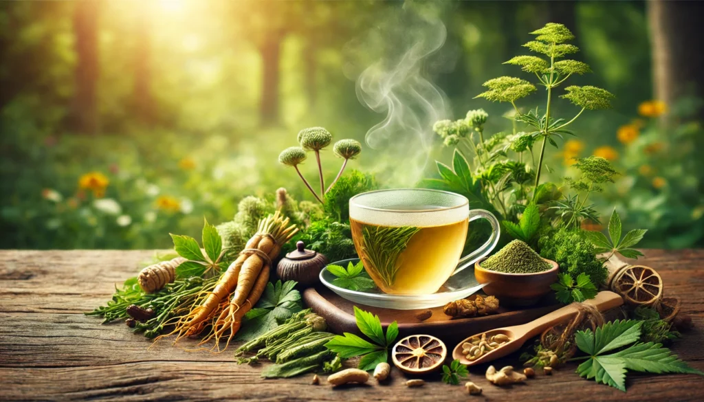 A scenic natural setting featuring a steaming herbal infusion in a glass cup, surrounded by medicinal herbs like ginseng, ashwagandha, and tribulus terrestris, against a soft-focus green background, evoking wellness and rejuvenation.
