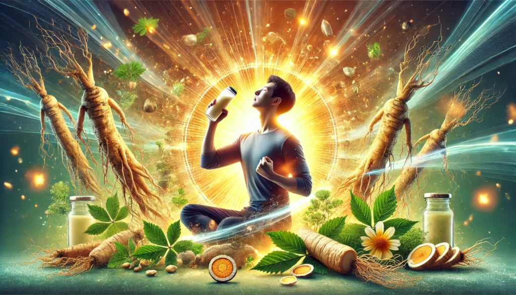 A revitalized person glowing with energy after drinking Korean ginseng root drink, with fresh ginseng roots and herbal steam surrounding them, depicting increased stamina, focus, and overall wellness.