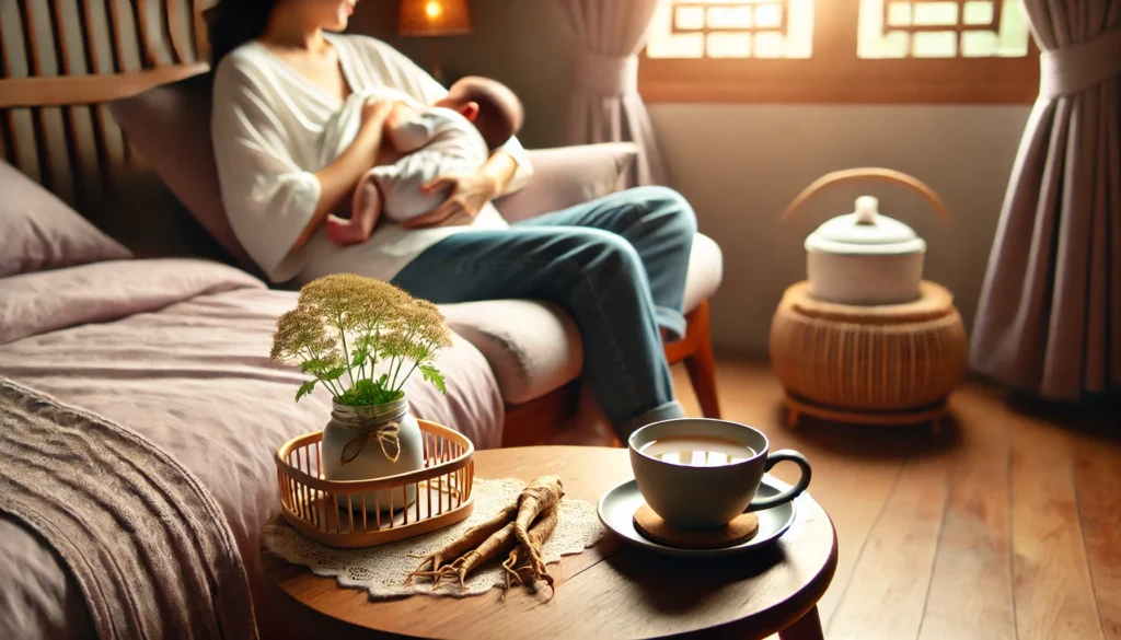 A nursing mother seated in a cozy bedroom, breastfeeding her newborn while a cup of ginseng tea sits on a small table beside her, symbolizing maternal care and herbal wellness.