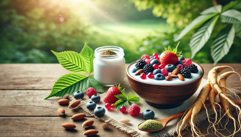A serene outdoor breakfast setting featuring a bowl of fresh berries, nuts, and yogurt sprinkled with ginseng powder, placed on a wooden table under soft sunlight with a lush green garden in the background.