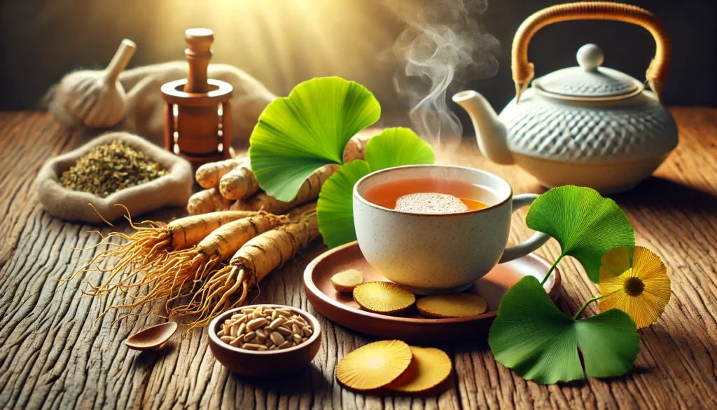 A steaming cup of ginseng and ginkgo biloba herbal tea, surrounded by fresh roots and dried leaves, bathed in warm morning sunlight.