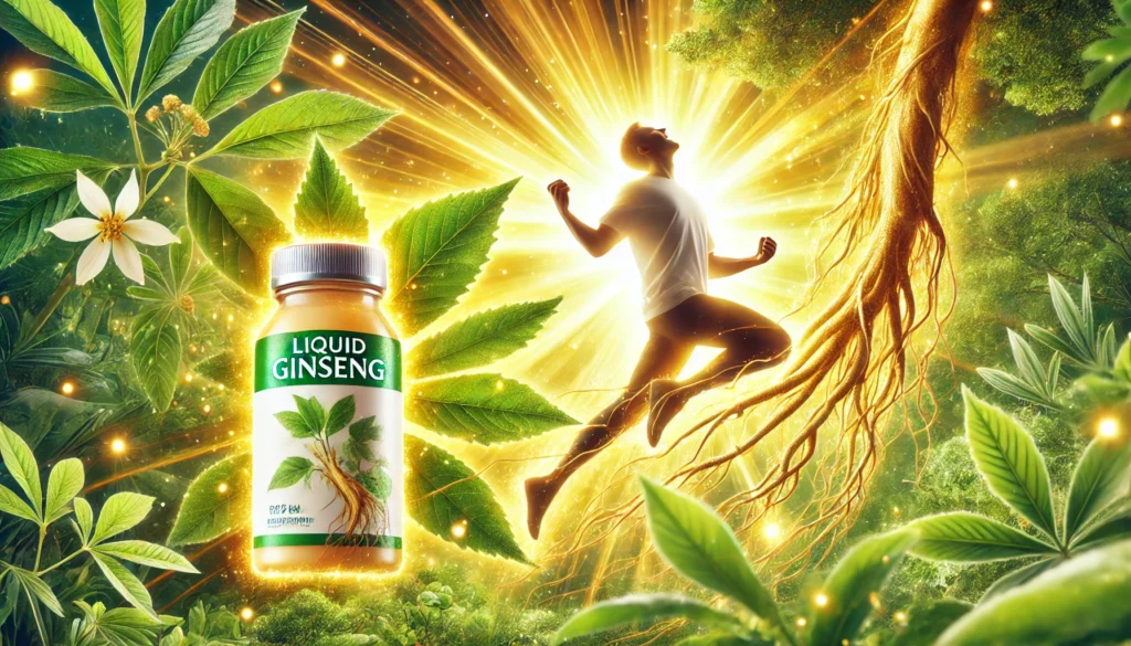 An energetic scene of a revitalized person in nature, bathed in golden sunlight, symbolizing the natural power of liquid ginseng in promoting vitality and well-being.
