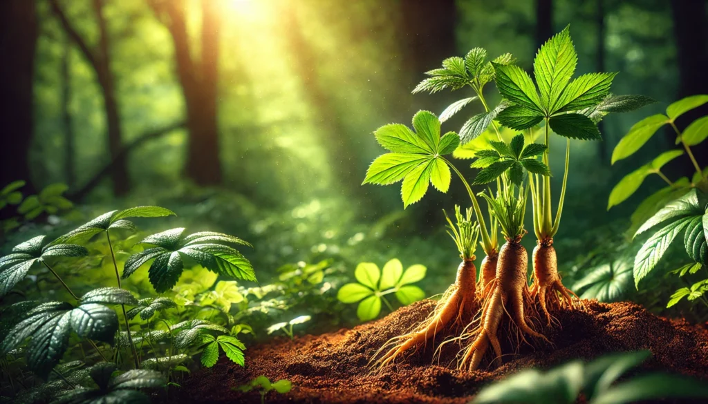 A serene natural landscape featuring fresh Korean red ginseng plants growing in a lush green forest, with sunlight filtering through dense foliage, highlighting the vitality of the plants.