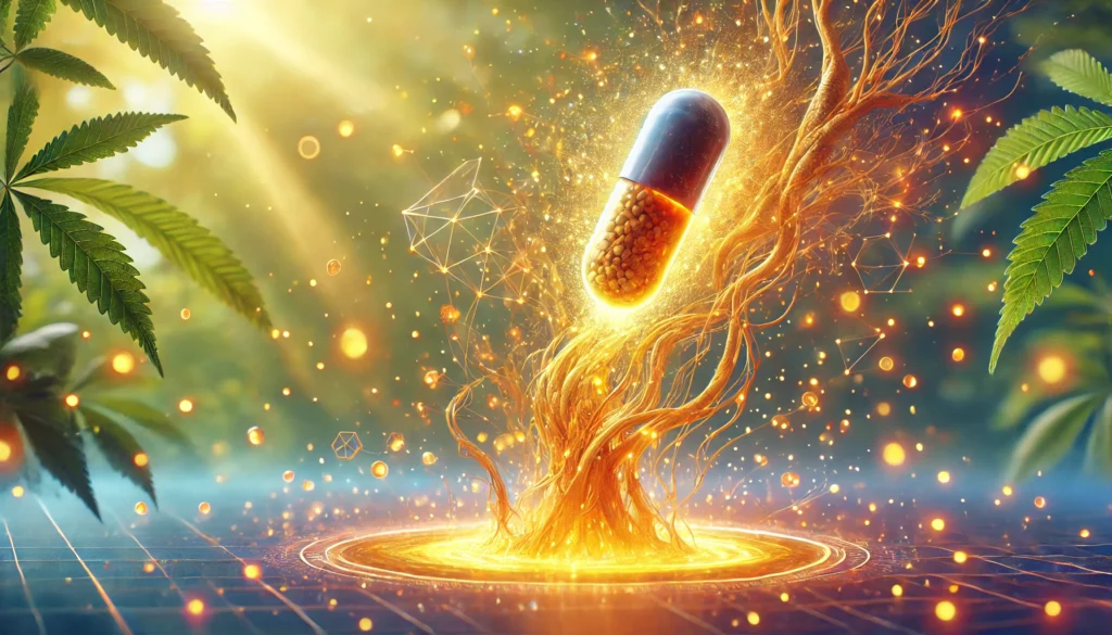 A dynamic visualization of ginseng energy pills dissolving into a glowing golden liquid, representing an instant boost in focus and endurance.