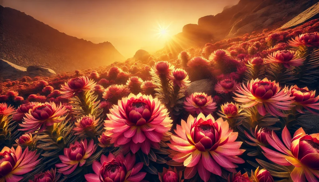 A vibrant field of Rhodiola Rosea flowers in full bloom, bathed in golden sunlight, representing the natural potency and vitality of this powerful adaptogen.