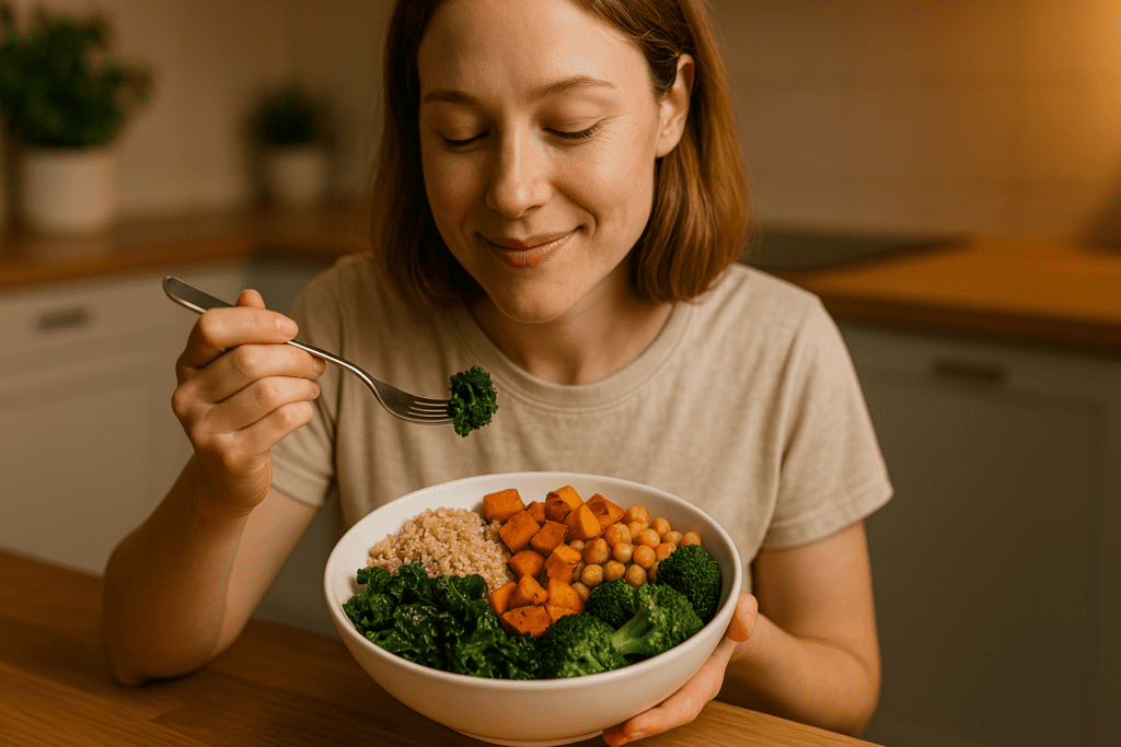 Healthy Plant-Based Dinners Made Easy: Best Whole Food Plant-Based Recipes for Beginners and Beyond 1 A young woman with shoulder-length light brown hair smiles gently as she enjoys a colorful plant-based dinner in a modern kitchen under warm indoor ambient lighting. The vibrant bowl of quinoa, sweet potatoes, chickpeas, kale, and broccoli highlights the ease of preparing nutritious whole food plant-based recipes at home for beginners.