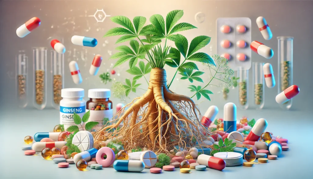 How Ginseng Affects Your Body: Drug Interactions, Blood Thinning Risks, and How Long It Stays in Your System 1 A 3D-rendered image of ginseng roots intertwined with various pills and capsules, symbolizing potential drug interactions and their effects on the body.