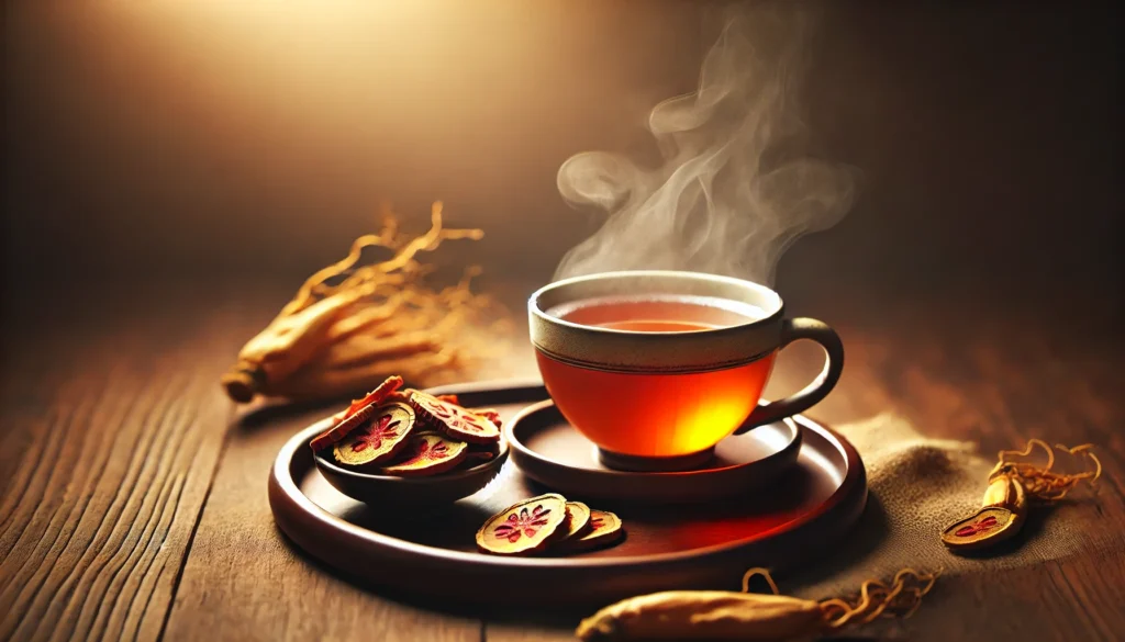 A steaming cup of ginseng tea in an elegant ceramic cup, accompanied by dried red ginseng slices, creating a calming and rejuvenating atmosphere with warm hues.