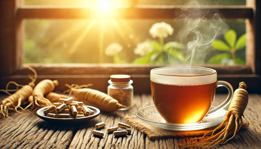 A steaming cup of ginseng tea with ginseng capsules nearby, bathed in warm, golden sunlight streaming through a rustic wooden window, evoking a sense of relaxation and vitality.