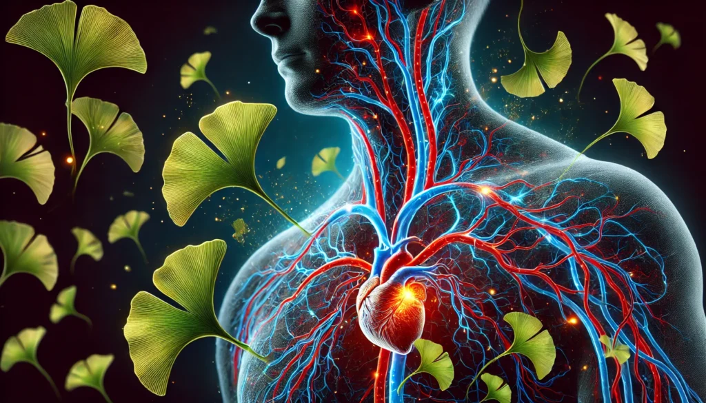 An artistic representation of blood vessels with glowing red and blue veins, subtly overlaid with Ginkgo biloba leaves to illustrate improved circulation and vascular health.
