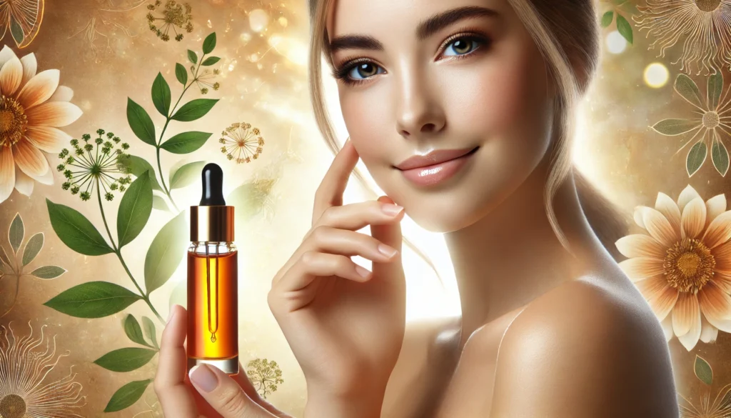 A woman with glowing, youthful skin applies a ginseng-infused facial serum, with a soft golden background enhancing the theme of skin rejuvenation.