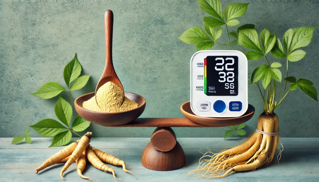 A wooden spoon filled with powdered ginseng, fresh ginseng roots, and a digital blood pressure monitor placed on a natural wooden surface, symbolizing the balance between herbal medicine and modern health monitoring.