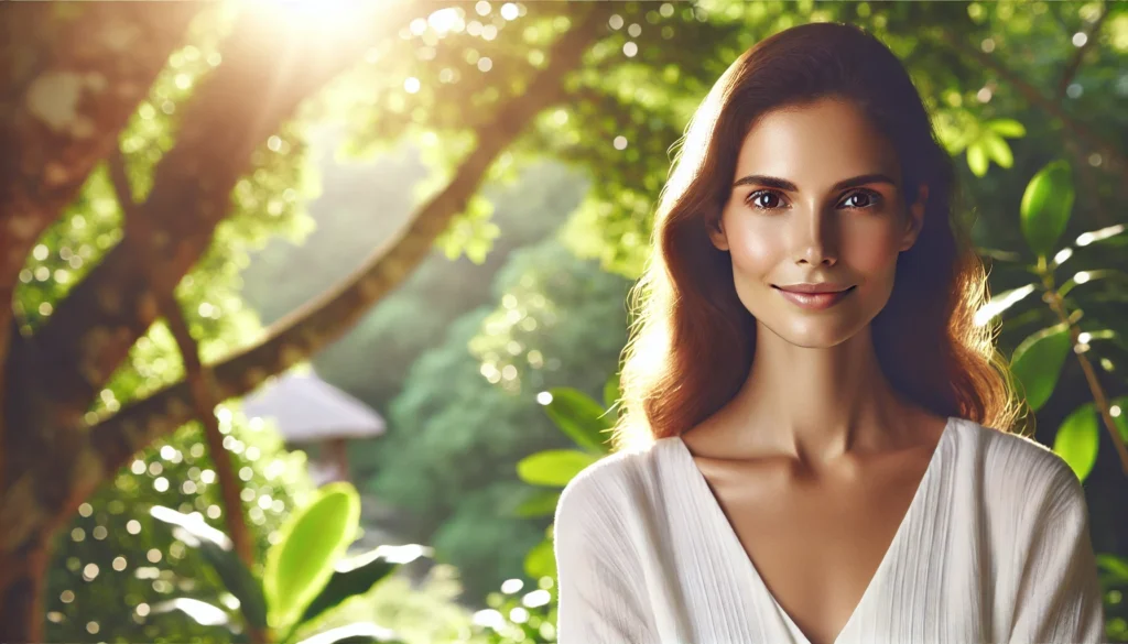 A radiant woman standing in a lush, sunlit environment, embodying energy, health, and balance.