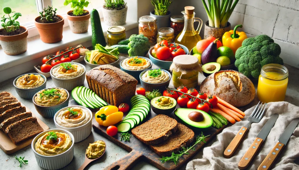 Can I Eat Bread on a Vegan Diet? A Guide to Choosing the Best Plant-Based Options 1 A vibrant breakfast spread featuring various vegan bread options, including whole grain, sourdough, and sprouted grain bread, alongside avocado, hummus, fresh vegetables, and plant-based spreads in a cozy modern kitchen.