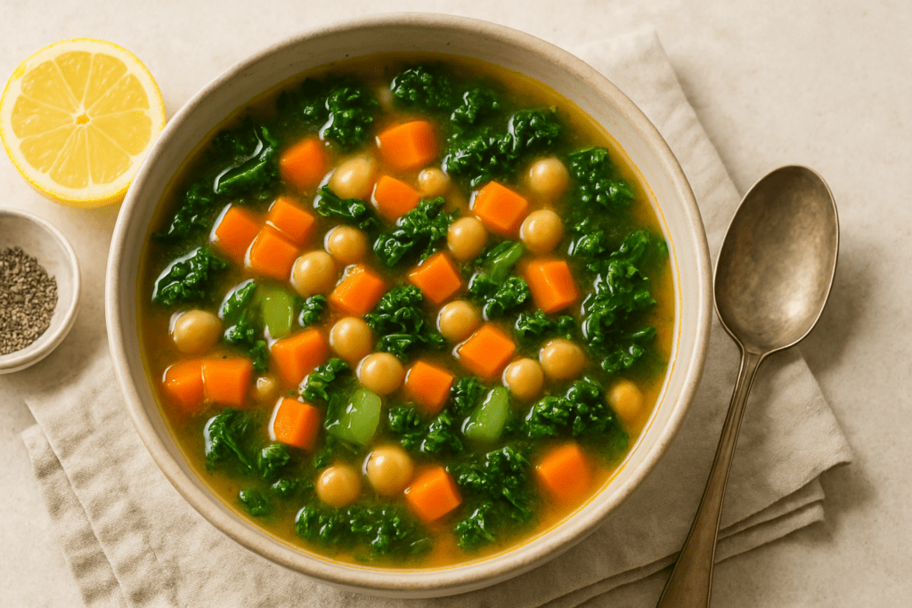 Easy Vegan Soup When Sick: Nourishing Plant-Based Recipes to Soothe and Support Recovery 1 A creamy golden vegan soup in a rustic ceramic bowl, filled with diced carrots, potatoes, and spinach, topped with fresh parsley and surrounded by a vintage spoon and a small bowl of breadcrumbs on a soft beige cloth—capturing a warm, soothing plant-based dish perfect for comforting the sick.