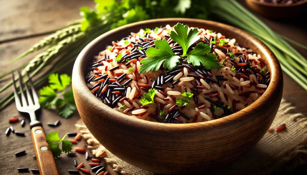 Can You Eat Rice on a Plant-Based Diet? Nutrition Facts, Health Benefits, and Best Options 1 A close-up of a steaming bowl of mixed rice varieties, including brown, black, and red rice, garnished with fresh herbs like cilantro and parsley, with warm lighting emphasizing the texture and colors.