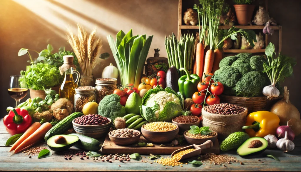 Best Clean Whole Foods for Optimal Health: A Guide to Nutrient-Dense Eating 1 A beautifully arranged farm-to-table display featuring organic vegetables, legumes, whole grains, avocados, and olives, highlighting the essence of nutrient-dense eating.