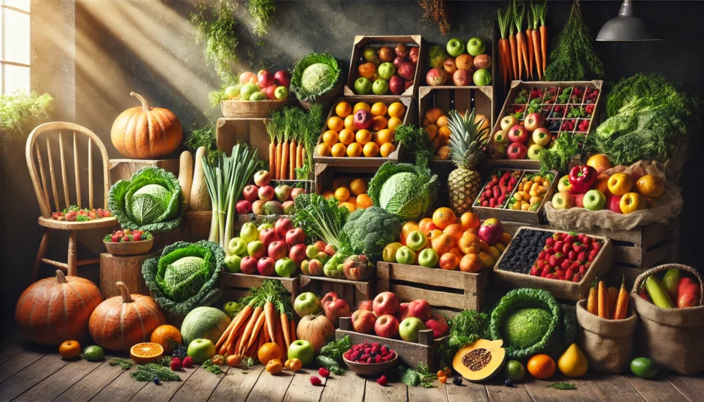 Benefits of Eating Whole Foods: How a Whole-Food Plant-Based Diet Supports Optimal Health 1 A lush organic farmers' market stall brimming with fresh fruits and vegetables, including apples, oranges, carrots, and kale, emphasizing sustainability and nutrient-rich whole foods.