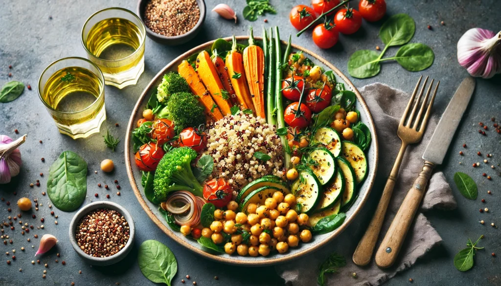 How Eating Whole Foods Can Help You Lose Weight Naturally and Sustainably 1 A beautifully plated plant-based meal featuring quinoa, roasted vegetables, chickpeas, and fresh herbs, showcasing a balanced, nutrient-rich dish designed for sustainable weight loss and whole-food nutrition.