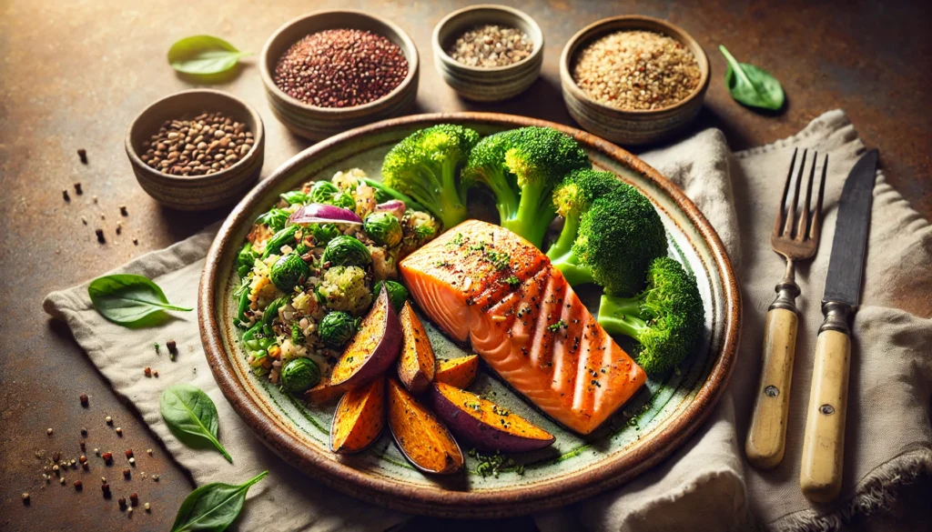 Best Flexitarian Diet Food List: Nutrient-Packed Choices for a Balanced, Plant-Based Lifestyle 1 A beautifully plated flexitarian meal featuring grilled salmon, roasted sweet potatoes, steamed broccoli, and quinoa salad, highlighting the combination of plant-based and lean protein foods.