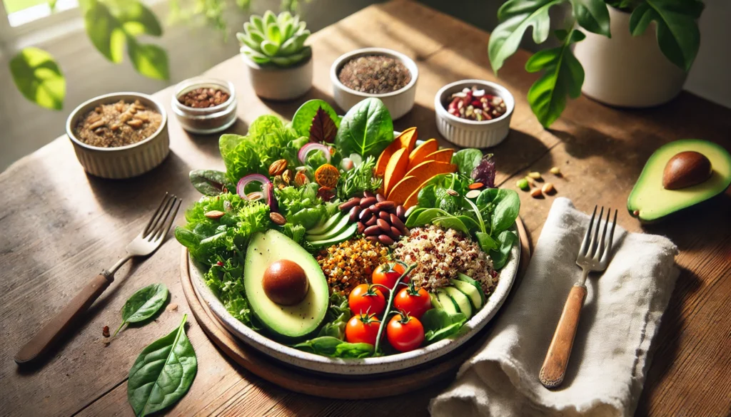Best Fruit and Veg Diet Plan: How a Whole-Food Approach Supports Health and Longevity 1 A beautifully arranged whole-food plant-based meal featuring leafy greens, cherry tomatoes, roasted sweet potatoes, quinoa, avocado slices, and nuts, set on a wooden dining table with natural sunlight.