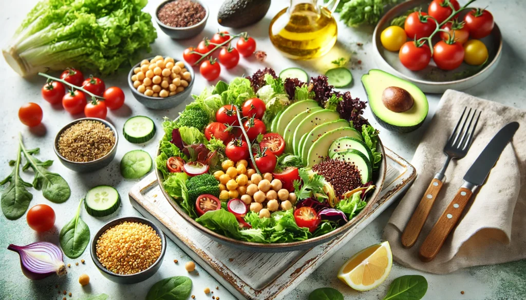 Best High-Fiber, Low-Calorie Foods to Support Weight Loss on a Plant-Based Diet 1 A beautifully arranged plant-based meal featuring a colorful salad with mixed greens, chickpeas, quinoa, cherry tomatoes, and avocado slices, emphasizing healthy eating and weight loss.