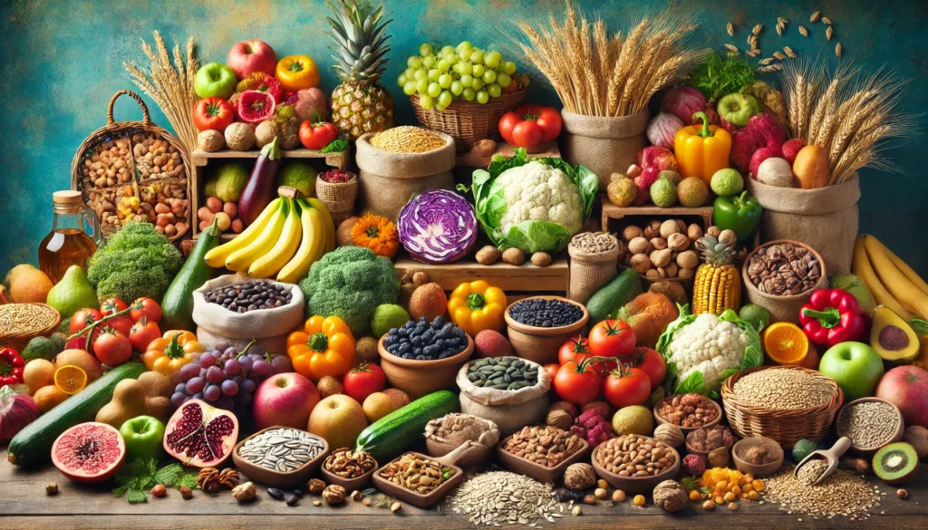 List of Plant-Based Foods: A Comprehensive Guide to Nutrient-Packed Choices for Optimal Health 1 A colorful market stall filled with a diverse selection of fresh plant-based foods, including fruits, vegetables, nuts, seeds, legumes, and whole grains.