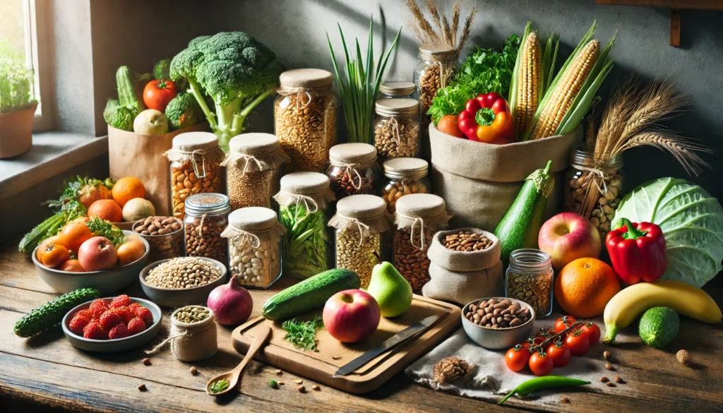 Best Whole-Food Plant-Based Diet Resources: Free Meal Plans, Grocery Lists, and PDFs 1 A beautifully arranged whole-food plant-based grocery shopping haul, including colorful fruits, vegetables, whole grains in storage jars, and legumes in cloth bags on a rustic kitchen counter.